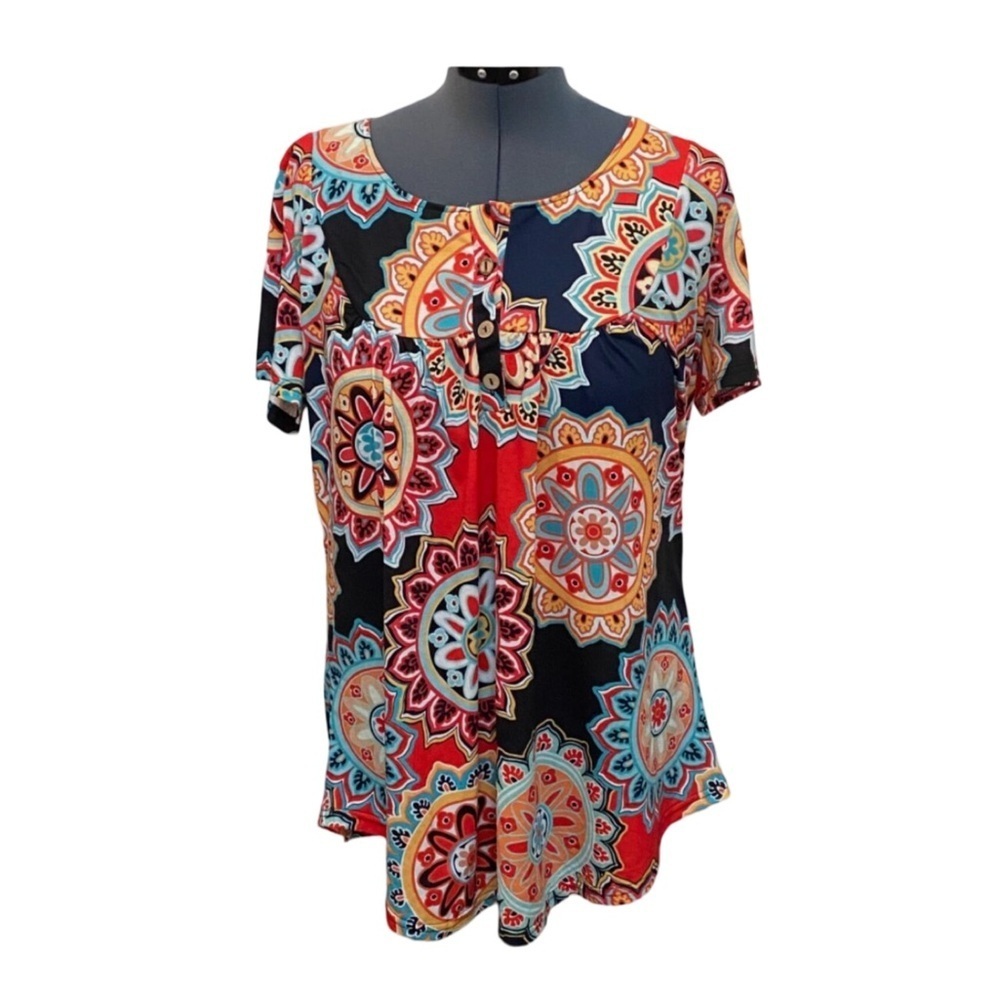 Allegrace Short Sleeve Scoop Neck Mandala Print Pullover Blouse NWT Size 1X